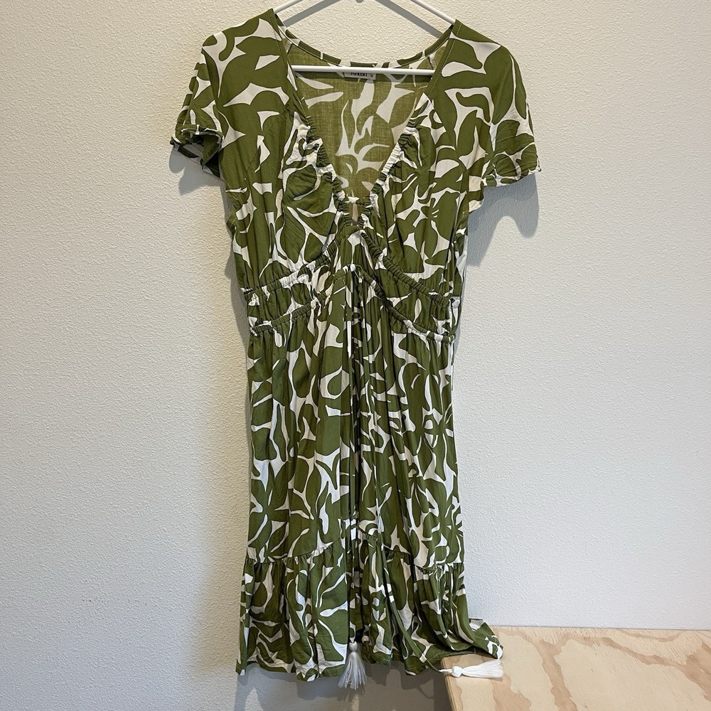 Khush Palm Leaves Swing Dress Teir V Neck Stretch Sz M *flaw Beach Boardwalk